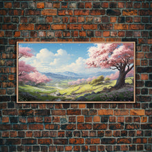 Cargar imagen en el visor de la galería, Cherry Blossom Art, Mountains Wall Art, Spring Art, Panoramic Art, Wall Art, Canvas Art, Landscape Art, Teacher Gift, Family Room Art