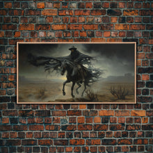 Load image into Gallery viewer, Ghost Cowboy Art, Framed Canvas Print, Halloween art, spooky decor, cowboy art, western decor, grim reaper on a horse in the desert