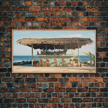 Load image into Gallery viewer, Beachside Tiki Hut Bar and Grill, Framed Canvas Print, Liminal Art, Framed Wall Decor Beach Photography, Surf Art, Surf Print Nautical Decor