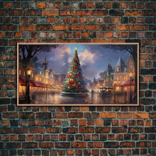 Cargar imagen en el visor de la galería, Christmas Decor Handmade, Framed Canvas Print, Beautiful Winter Wonderland Christmas Village, Christmas Tree Art