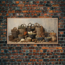 Load image into Gallery viewer, Cornucopia Wall Art, Basket Wall Decor Framed Canvas Print, Boho Wall Art, Wicker Round Bowl Art, Wicker Wall Art Print, Fall Decor