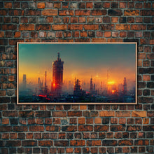 Load image into Gallery viewer, Cyberpunk city canvas art, video game concept art, living room wall art, dystopian art, outrun style city at sunset, man cave wall art