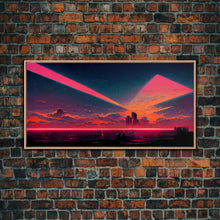 Load image into Gallery viewer, Cyberpunk lake art, city canvas, video game concept art, living room wall art, dystopian art, outrun city at sunset, man cave canvas print