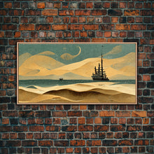 Load image into Gallery viewer, Art deco canvas print, pirate ship at sea beyond the sand dunes, living room wall art