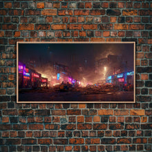 Load image into Gallery viewer, Destitute cyberpunk city with neon signs wall art, Bladerunner vibes art, synthwave style art, cool wall art