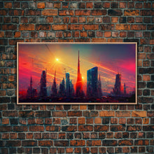 Load image into Gallery viewer, Dystopian Cyberpunk canvas print, cyber punk city at sunset, Bladerunner vibes art, synthwave style art, cool wall art, night city