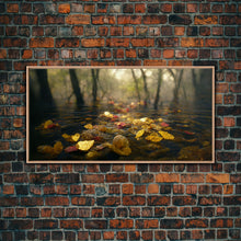 Carregar imagem no visualizador da galeria, Fall leaves floating down the river, autumn, landscape and nature canvas print, oil painting style, neutral wall art