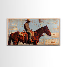 Load image into Gallery viewer, Cowboy on Horse with Rustic Background, Stunning Wall Art, Framed Canvas Print, Boho Bedroom Decor, Western Home Decoration