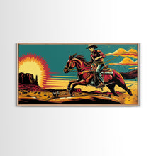 Load image into Gallery viewer, Cowboy Riding Through Desert, Southwestern Landscape Art, Framed Canvas Print, Boho Decor, Desert Art, Rustic Wall Art