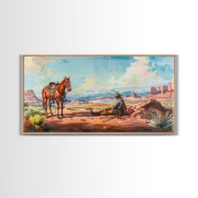 Load image into Gallery viewer, Cowboy Resting with Horse in Desert Landscape, Classic Western Art, Framed Canvas Print, Rustic Wall Decor, Living Room Decoration