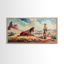 Load image into Gallery viewer, Cowboy and Horse in Desert Landscape, Rustic Farmhouse Art, Framed Canvas Print, Western Decor, Living Room Wall Art, Country Style