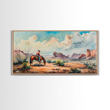 Load image into Gallery viewer, Cowboy Gazing Over Expansive Desert, Boho Western Landscape Art, Framed Canvas Print, Living Room Wall Decor, Rustic Country Style