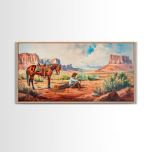 Load image into Gallery viewer, Cowboy Resting by Horse in Desert Scene, Rustic Farmhouse Art, Framed Canvas Print, Western Decor, Living Room Wall Art, Country Style