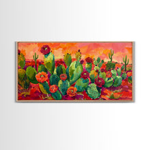 Load image into Gallery viewer, Bright Desert Flowers and Cacti with Mountains, Vibrant Framed Canvas Print for Home, Boho Wall Art, Nature Lover's Decor