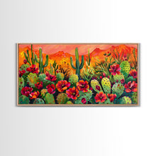 Cargar imagen en el visor de la galería, Colorful cactus garden in desert sunset, Framed Canvas Print, perfect for farmhouse living room, bohemian wall art