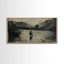 Load image into Gallery viewer, Cowboy Crossing River with Mountains, Framed Canvas Print for Western Living Room Decor, Ideal Bedroom Wall Art, Rustic Scene