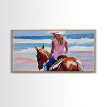 Load image into Gallery viewer, Cowgirl Riding Horse by the Ocean, Tranquil Framed Canvas Print, Perfect for Coastal Living Room Art, Beach Bedroom Decor, Horse Wall Art