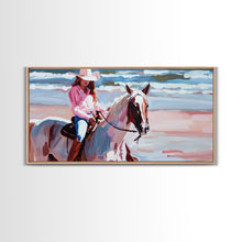 Load image into Gallery viewer, Cowgirl in Pink Shirt Riding Horse by the Sea, Beautiful Framed Canvas Print, Coastal Living Room Art, Beach Bedroom Decor, Horse Art