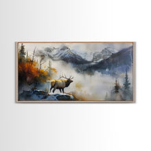 Load image into Gallery viewer, Majestic Elk in Misty Mountains, Framed Canvas Print, Perfect for Living Room Art, Rustic Bedroom Decor, Nature Wall Art, Wildlife Scene
