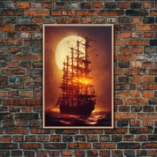 Load image into Gallery viewer, Ghost Ship and Full Moon, Spooky Pirate Ship Art, Framed Canvas Print, Ready To Hang Framed Wall Art, Living Room Wall Hanging