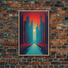 Carregar imagem no visualizador da galeria, Brutalist Art Deco Dystopian City Art, Framed Canvas Print, Ready To Hang Framed Wall Art, Living Room Wall Decor