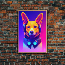 Load image into Gallery viewer, Cyberpunk Corgi Portrait, Futuristic Corgi, Framed Canvas Print, Ready To Hang Framed Wall Art, Living Room Wall Hanging