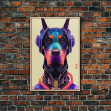 Load image into Gallery viewer, Cyberpunk Dobermann Pinscher Portrait, Watercolor, Framed Canvas Print, Ready To Hang Framed Wall Art, Living Room Wall Hanging