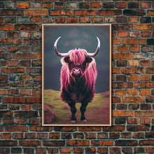 Cargar imagen en el visor de la galería, Colorful farmhouse art, Highland cow, Scotland cattle, framed canvas print, pink cow