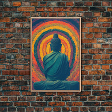 Cargar imagen en el visor de la galería, Colorful rainbow Buddha facing a ring of flowers, framed canvas print, yoga studio art