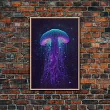 Carregar imagem no visualizador da galeria, Bioluminescent Jellyfish against a Starry night sky, Cosmic Jelly Fish, Framed Canvas Print, synthwave style art