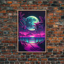 Carregar imagem no visualizador da galeria, Full Moon over a Florida Beach, Palm Trees, Outrun Style Beach Landscape art, framed canvas Print