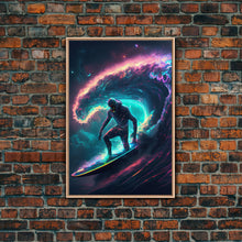 Load image into Gallery viewer, Astronaut surfing the stars, Cosmic Surfer, Galaxy Art, framed canvas print, unique colorful wall art