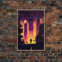 Load image into Gallery viewer, Cyberpunk art, Retrowave style dystopian cityscape art, game room art, framed canvas print, retro wave city skyline