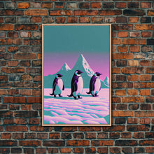 Load image into Gallery viewer, Retrowave Penguins in the Arctic, synthwave style wall art, Antarctica art, framed canvas print, cute animal prints