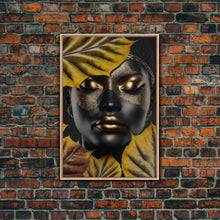 Load image into Gallery viewer, Beautiful Woman Art Framed Canvas Print Black Gold Woman Wall Art Lady Print, Gold Face Leaves Palm decor ready to hang Ethnic girl portrait