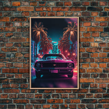 Load image into Gallery viewer, American Muscle Car on Sunset Strip, Retro Synthwave Art, Framed Canvas Print, Gift For Him, Muscle Car Art