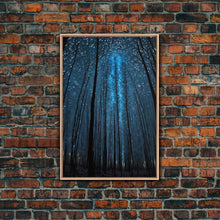 Load image into Gallery viewer, Birch Tree Forest At Night, Starry Night Sky, Framed Canvas Print, Boho Minimalist Farmhouse Decor, Primitive Art