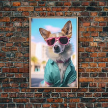 Cargar imagen en el visor de la galería, Corgi Wall Print, Dog Wall Art, Dog Sunglasses, Teal Shirt, Funny Wall Art, Framed Wall Art, Framed Canvas, Wall Print, Wall Canvas