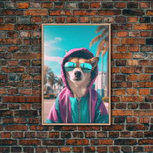Cargar imagen en el visor de la galería, Corgi In Pink And Blue Hoodie Sunglasses Wall Print, Dog Art Print, Dog Portrait, Framed Wall Art, Framed Canvas, Wall Print, Wall Canvas
