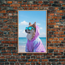 Cargar imagen en el visor de la galería, Corgi In Purple Hoodie Sunglasses Wall Print, Beach Art, Dog Print, Dog Portrait, Framed Wall Art, Framed Canvas, Wall Print, Wall Canvas