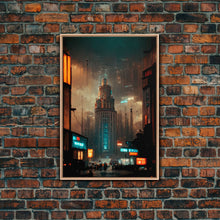 Load image into Gallery viewer, Art Deco Cyberpunk Cityscape Canvas Print, Scifi art, cool wall art for mancave, dystopian art, architecture