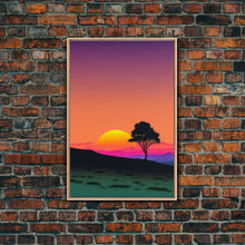 Carregar imagem no visualizador da galeria, A Lone Tree in a Texas Field At Sunset, Retro Style MCM Art, Framed Canvas Print, Trendy Wall Prints, Landscape and Sunset Outrun Art