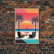 Cargar imagen en el visor de la galería, Framed Canvas Print - Art Deco Sunset, Minimalist Beach, Palm Trees, Retro Style, Synthwave, Vaporwave, Minimalist Abstract Decor