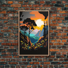 Load image into Gallery viewer, Colorful Pop Art Picture of a Mountain and Forest Landscape, Framed Canvas Print, Surrealist High Contrast Cel Shaded Landscape Art