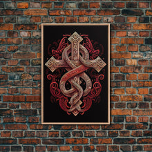 Cargar imagen en el visor de la galería, Cool Cross Art | Wall Art | Gothic Cross | Framed Canvas Print | Framed Art | Red and White Cross & Snake