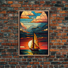 Load image into Gallery viewer, Art Deco Wall Art, Sailboat and Sunset Framed Canvas Print, Art Deco / MCM Wall Art, Stained Glass Reflections