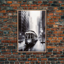 Carregar imagem no visualizador da galeria, Brooklyn Street Car Trolley, Framed Canvas Print, Retro Charcoal Drawing of NYC in The Rain