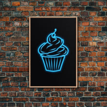 Load image into Gallery viewer, Blue Neon Lights Cupcake Wall Decor, Kitchen Wall Art, Glowing Art, Minimalist Print, Wall Decor, Canvas Print, Wall Art, Framed Canvas