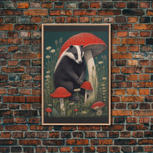 Carregar imagem no visualizador da galeria, Badger Wall Decor, Cute Badger, Mushrooms Wall Decor, Animal Wall Art, Wall Decor, Canvas Print, Wall Art, Framed Canvas