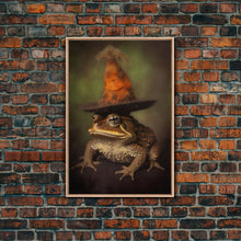 Load image into Gallery viewer, Frog Wall Art, Frog Wearing Witch Hat, Funny, Animal Wall Art, Nature, Modern Print, Wall Decor, Canvas Print, Wall Art, Framed Canvas